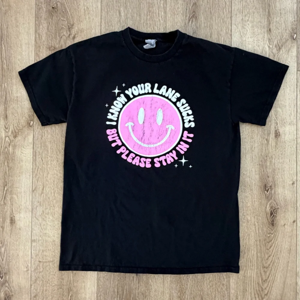 Black T-Shirt with Pink Smiley Graphic - Picture 1 of 5